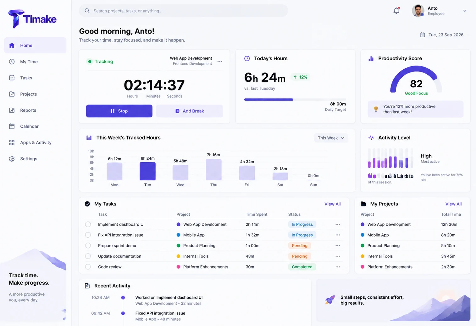 Timake user dashboard screenshot